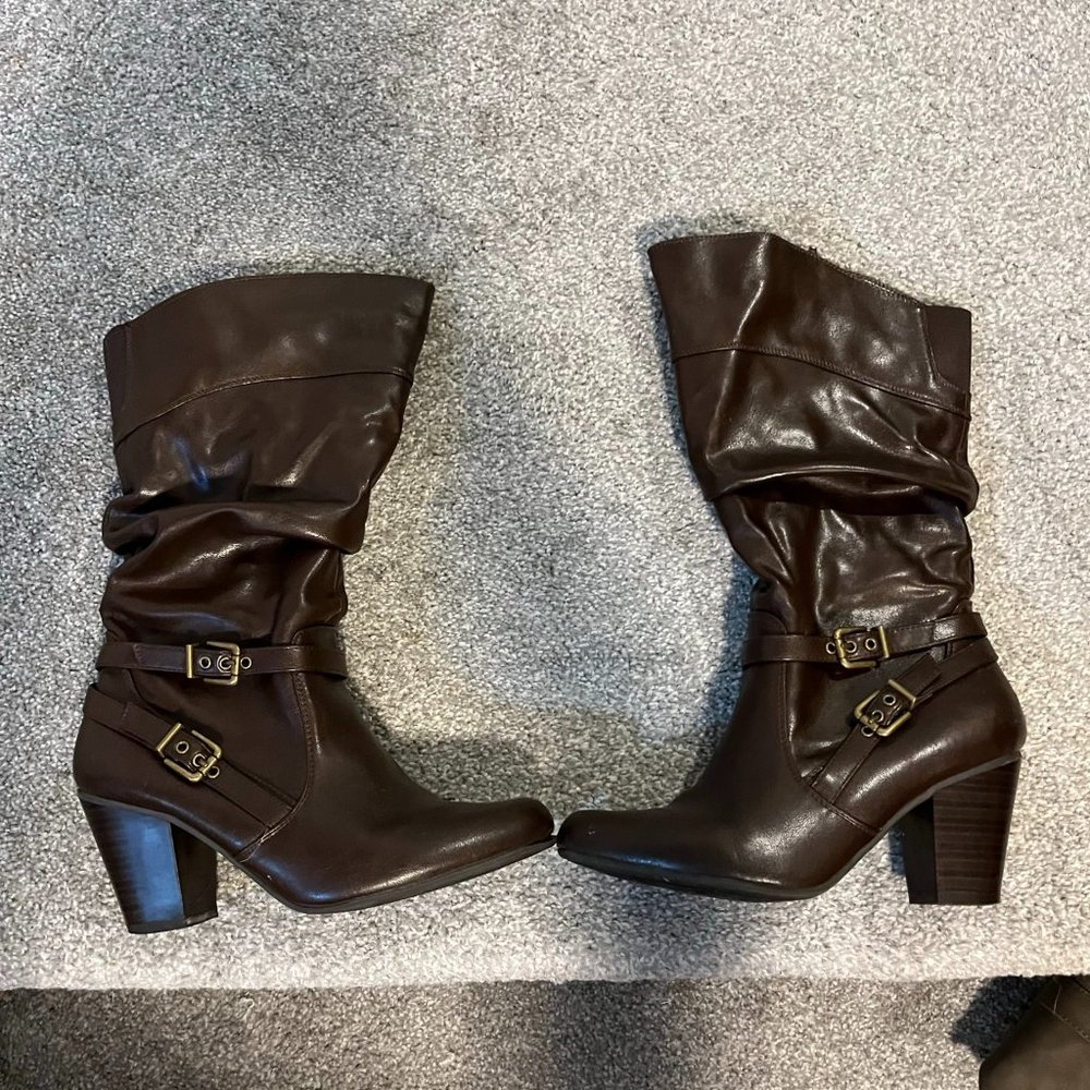Calf height brown leather boots; size 8 1/2 wide